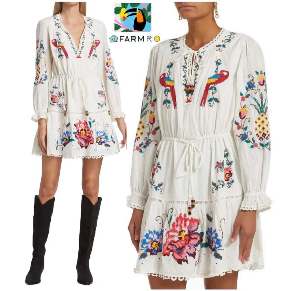 Farm Rio
Macaw Cross Stitch Drawstring Minidress